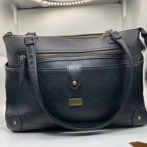 Stone Mountain Satchel Double Compartments Black Leather Zipper 14" by 10" NWOT